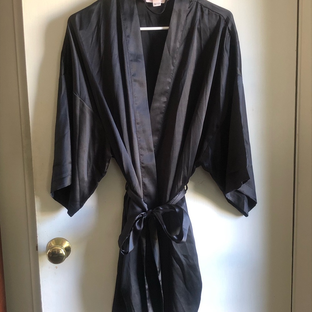 Victoria's Secret Black Satin Kimono Robe with Tie Belt